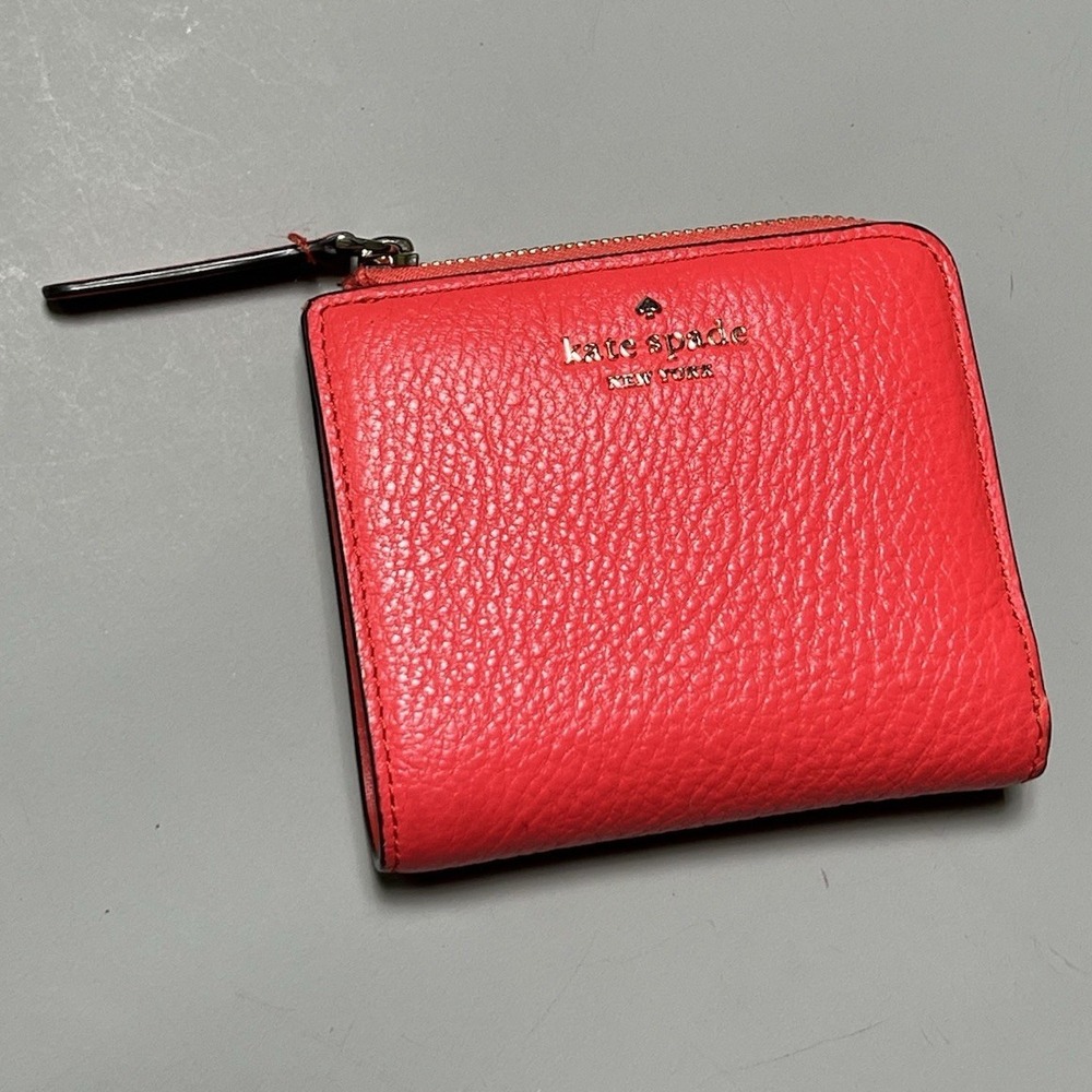 Kate‎ Spade New York Red Zip-Around Wallet w/ Logo, Credit Card Slots Hot Pink